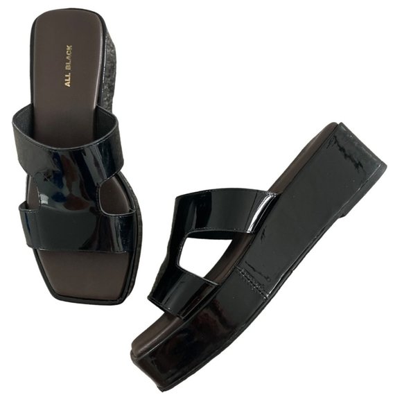 ALL BLACK FOOTWEAR Blunt T Wedge Sandals Black Patent Leather Womens 40 9-9.5 $1 - Picture 1 of 9